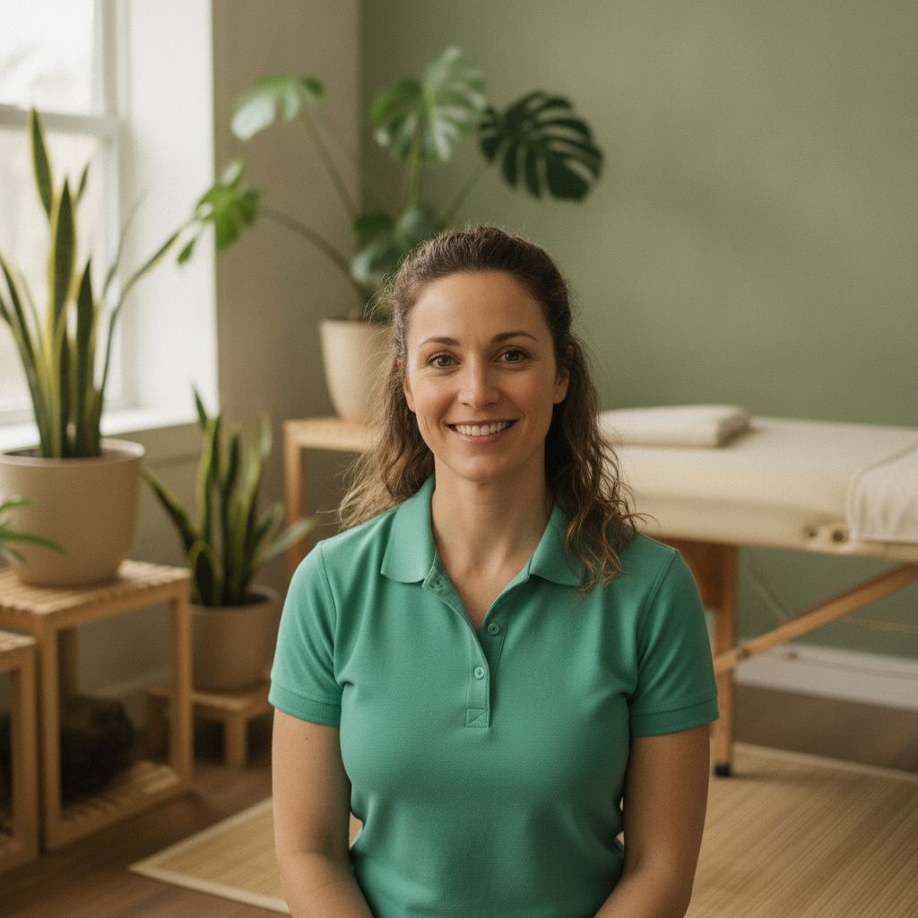 Olga Just lächelnd in einer ruhigen Wellness-Atmosphäre